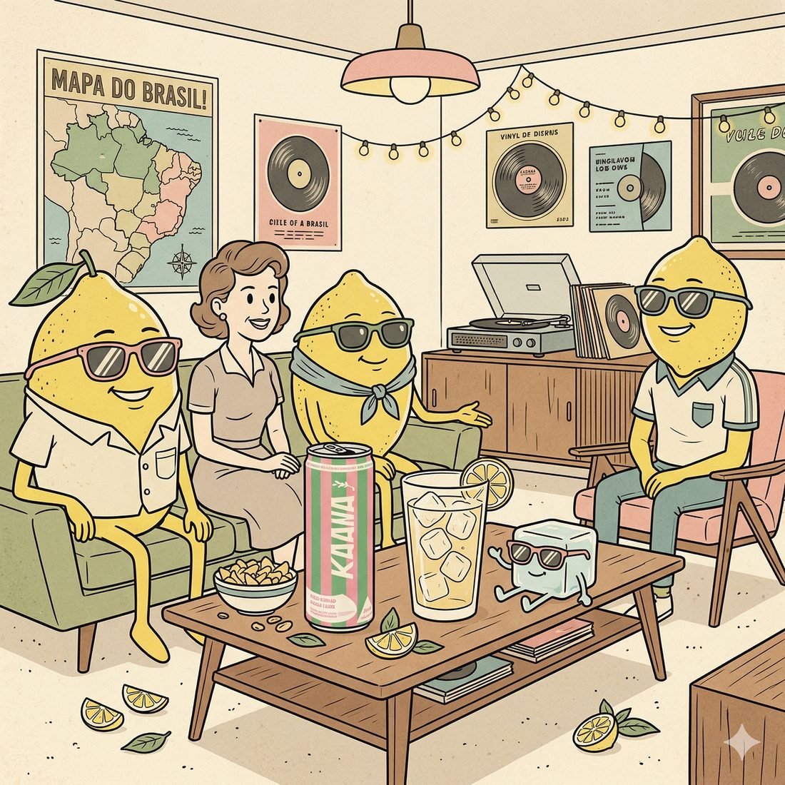 Personagens limão reunidos numa sala de estar com a lata da Kaana.