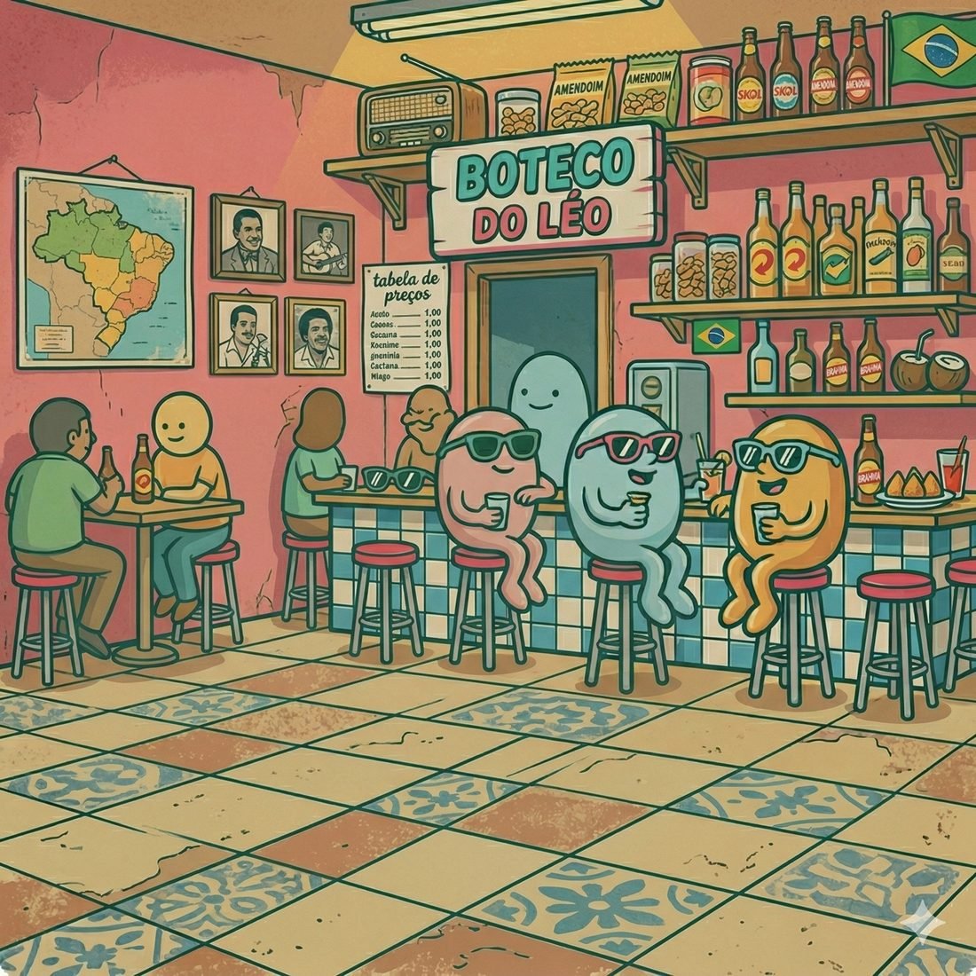 Boteco com personagens conversando no balcão.