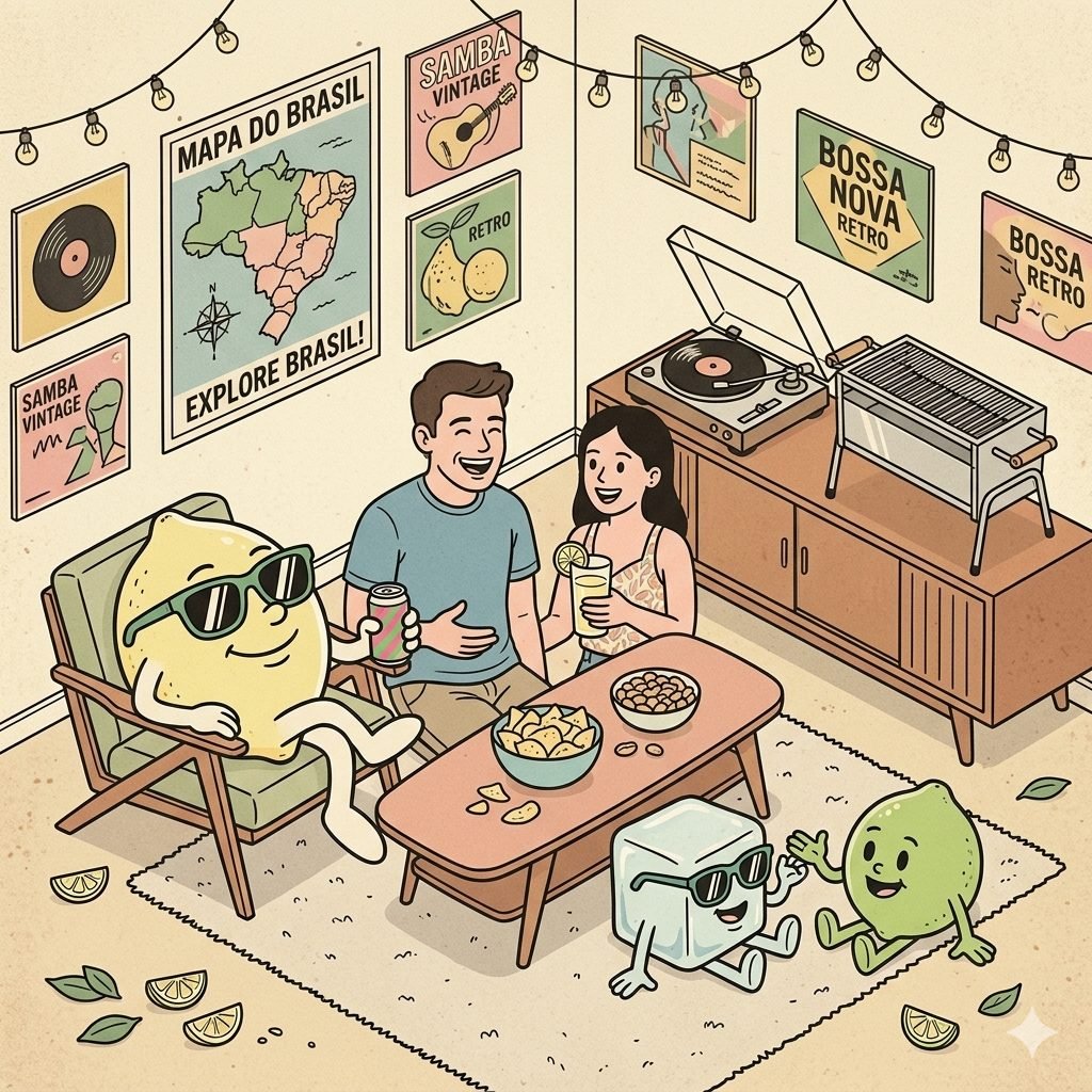 Casal e personagem limão relaxando na sala.