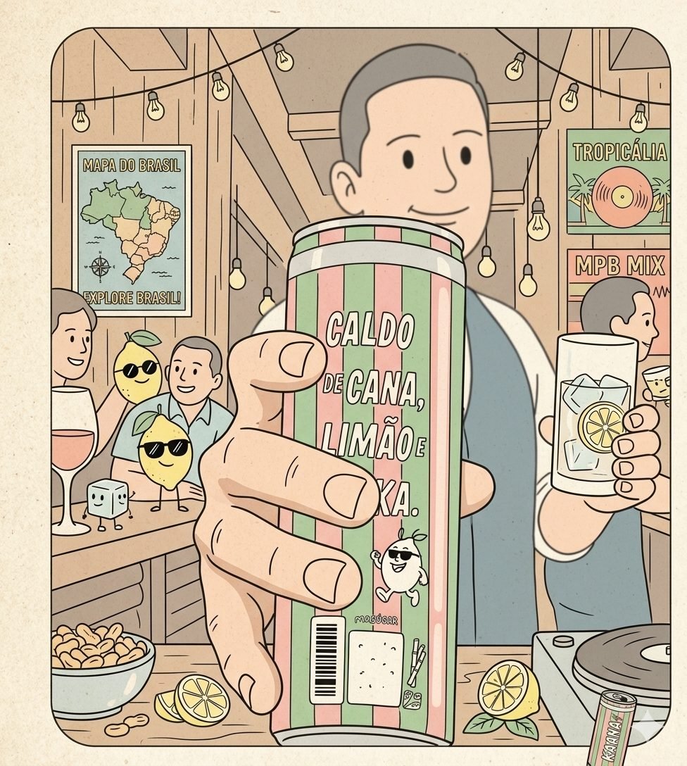 Personagem oferecendo a lata de caldo de cana, limão e Kaana.